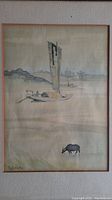 Full view of framed watercolor and ink artwork depicting a sailboat with figures, landscape, and an animal in foreground.
