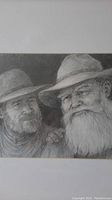 Close-up of pencil drawing showing detail of two men with hats and beards, focusing on facial expressions and shading.