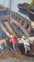 Close-up of figures pushing the boat showing brushstroke detail