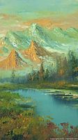 Close-up view of mountainous landscape with orange peaks and green foliage reflecting in water.