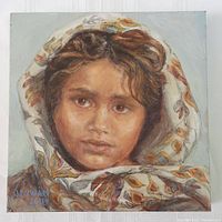 Full view of the square canvas painting depicting a young girl in a detailed patterned scarf, showing the overall artwork and composition.