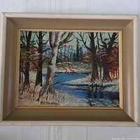 Framed oil painting of a wooded landscape with a river, showing the full artwork and frame with visible paint chipping.