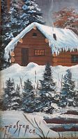 Close-up of a single snow-covered log cabin with icicles, pine trees in the foreground, signed T.Foster 68.