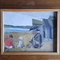 Full view of acrylic painting on board in wooden frame showing beach scene with three figures, water and beach huts in background.