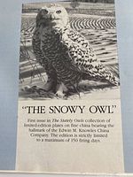 Photo of informational printed material describing the limited-edition snowy owl plate from The Stately Owls collection by Edwin M. Knowles China Company.