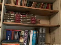 Photo showing additional shelves with books and older editions without clear titles