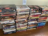 Photo of stacked DVDs showing a variety of titles including Inferno, The Good Shepherd, Charlie Wilson's War, Marple series, The Polar Express, and others.