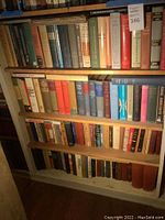 Bookshelves filled with hardcover and paperback books with a mix of titles and colors, showing general selling lot condition and quantity.