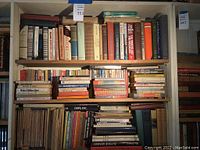 Wide view of three shelves filled with assorted used books predominantly on social sciences and history.