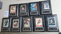 Photo showing all nine hockey player plaques with cards, arranged in a grid. Players included: Bobby Orr, Bobby Hull (two plaques), Mats Sundin, Dominic Hasek, Doug Gilmour, Wayne Gretzky, Ed Belfour, and Tie Domi.