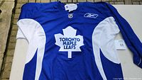 Front view of blue Toronto Maple Leafs hockey jersey with large maple leaf logo and Reebok logo.