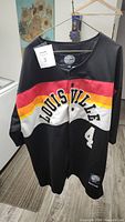 Front view of black baseball jersey with red, orange, white stripe and Louisville #4 Lou Gehrig print.