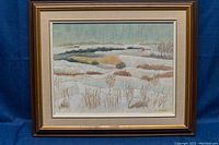 Frontal view of the framed landscape painting depicting a snowy or pale field scene with distant houses and bare trees under a subdued sky.