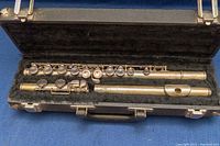 Open black tolex case with plush interior showing headjoint, body, and footjoint of silver flute.