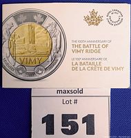 Front of the commemorative packaging showing one $2 coin with the Vimy Ridge memorial design and bilingual title text.
