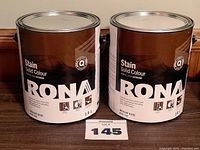 Two cans of RONA Stain Solid Colour Exterior Acrylic Latex, 3.6L each, Medium Base, uncoloured.