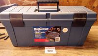 Closed dark blue Mastercraft 25" toolbox with black latches and handle, placed on wood surface with lot number 60 card in front.
