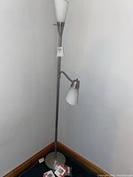 Full view of brushed steel two-light floor lamp with white frosted glass shades, showing base with accessories.