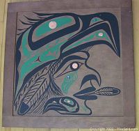 Front view of entire indigenous mixed media artwork painted on kitchen cabinet door with native design and metallic/abalone embellishments.