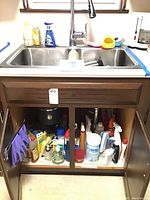 Full view under kitchen sink showing multiple cleaning products stored on bottom shelf.