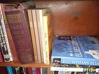 Shelf with large vintage Holy Bible, Awake book volumes, and Bill Wyman Blues Odyssey book along with other vintage books.