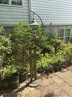 Full view of the weathered metal bird feeder stand with the hanging bird feeder, surrounded by potted plants.