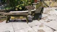 Three weathered, pressure treated wooden benches aligned on a paved outdoor surface near plants and planters.