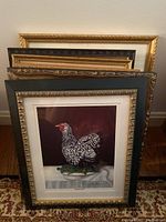 Four framed prints stacked, front one depicting a chicken with ornate black and gold frame