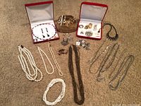 Full view of jewelry pieces spread on carpet, includes necklaces, earrings, bracelets, pins.