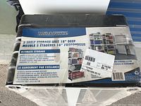 Close-up photo of packaging showing Workforce brand 5 shelf storage unit, dimensions, features and weight capacity.