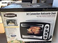 Front and side view of the Bravetti Jet Convection Rotisserie Oven box showing product image and features.