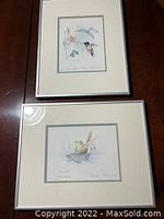 Top view of both framed art prints with white mats and silver frames, showing 'The Hummingbird' on top and 'The Frog' below.