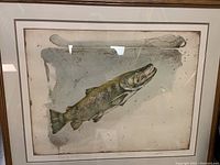 Frontal view of the framed artwork depicting a brown trout