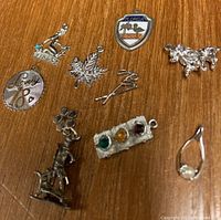 Nine sterling silver charms arranged on wood surface, showing variety of designs and shapes.