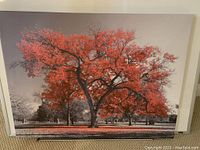 Front view of the large canvas print showing a tree with vibrant red leaves and a natural outdoor landscape.