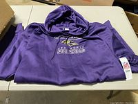 Single purple Baltimore Ravens AFC North football hoodie folded showing front logo and NFL tag.
