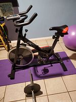 Side view of the exercise bike showing frame, flywheel, pedals, and seat with red accents on the padded saddle. Purple yoga mat underneath the bike.