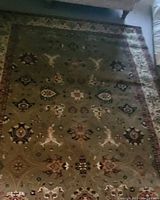 Full view of the Persian rug laid out showing design and colors.