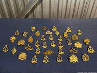 Overview of all 44 brass WW1 and WW2 military cap badges laid out on a dark blue surface showing varied designs including sunbursts, animals, numbers, and ships.