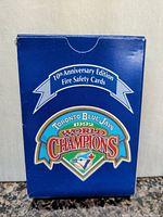 Blue deck box with 10th Anniversary Edition Fire Safety Cards marking Toronto Blue Jays 1992 World Champions.