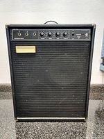 Front view of black Garnet Stencil LR245 10S-T amplifier with grille covering speakers and control panel on top.
