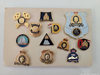 Eleven assorted RCMP pins displayed on a beige background, showing various shapes and designs such as shields, badges, crests, crowns, and portraits.