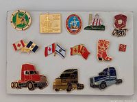 14 assorted metal collector pins on white background showing Canadian and trucking themes, flags, and regional insignia.