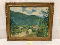Full front view of framed oil on canvas showing landscape with horse-drawn carriage and surrounding mountains