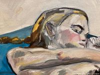 Close-up view of painted woman's head and shoulder on canvas, showing brushwork and color.