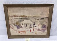 Full view of the framed watercolor painting showing landscape and houses scene.