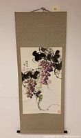 Full view of the hanging scroll with grapes watercolor artwork on fabric backing