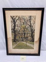 Full view of framed etching showing mat and frame