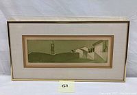 Full front view of framed vintage watercolor etching artwork featuring landscape and architecture.