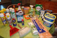 Wide shot of assorted cleaning products and tools arranged on a table, including sprays, tubs, brushes, and a dustpan